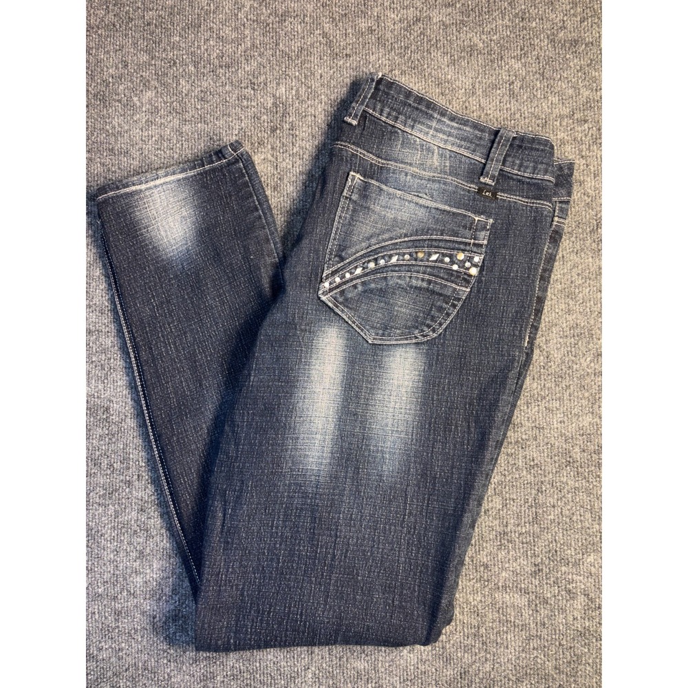 L.e.i. Jeans Womens Size 15 Dark Blue Denim Whiskered Ashley Low Rise Skinny Leg